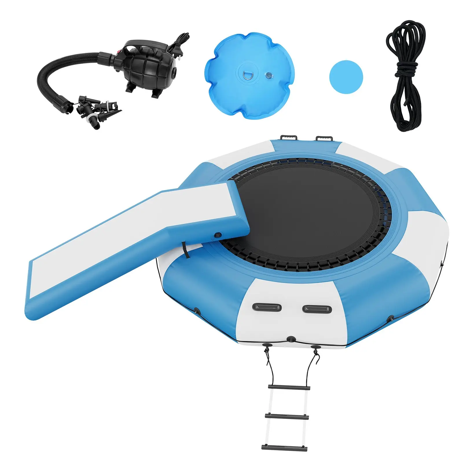 【Summerfinds】VEVOR Inflatable Water Bouncer, 10ft Recreational Water Trampoline, Portable Bounce Swim Platform with Slide, 3-Step Ladder & Electric Air Pump, Kid Adult Floating Rebounder for Pool Lake Water Sport