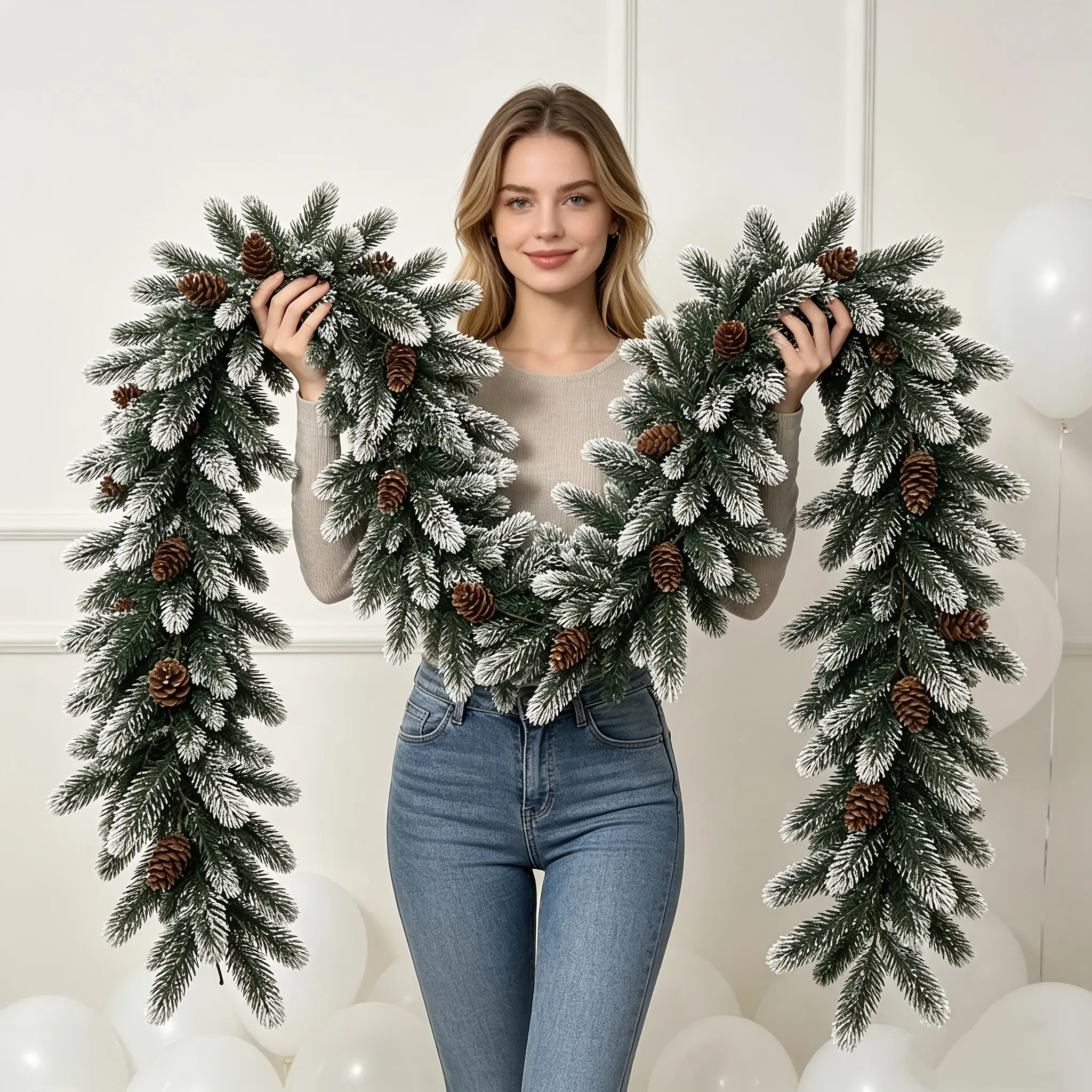 2-Pack 72.83-Inch Large Artificial Christmas Ivy Wreath—Artificial pine branch ivy with pinecones, perfect for decorating doors, railings, and mantels during the Christmas holidays, creating a festive Christmas atmosphere at home, and as artificial greene