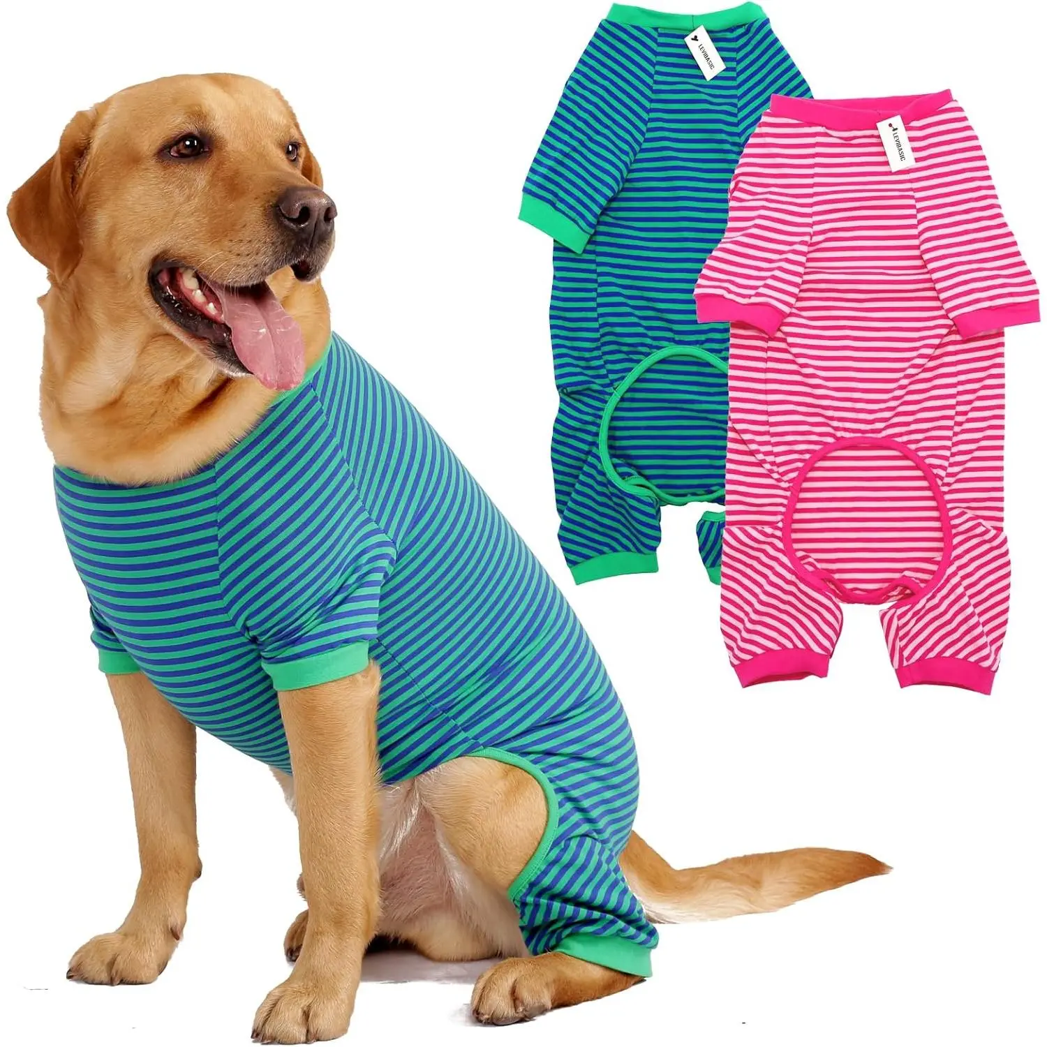 Classic Strip Soft Cotton 4-Leg Dog Jumpsuit 2-Piece Set - Breathable Spandex 4-Leg Pajamas with Elastic Ribbons, Skin Protection, Reduces Anxiety, Easy-to-Wear Multi-Size Apparel (XX-Large Pink+Green; XXS Option, 2 Count)