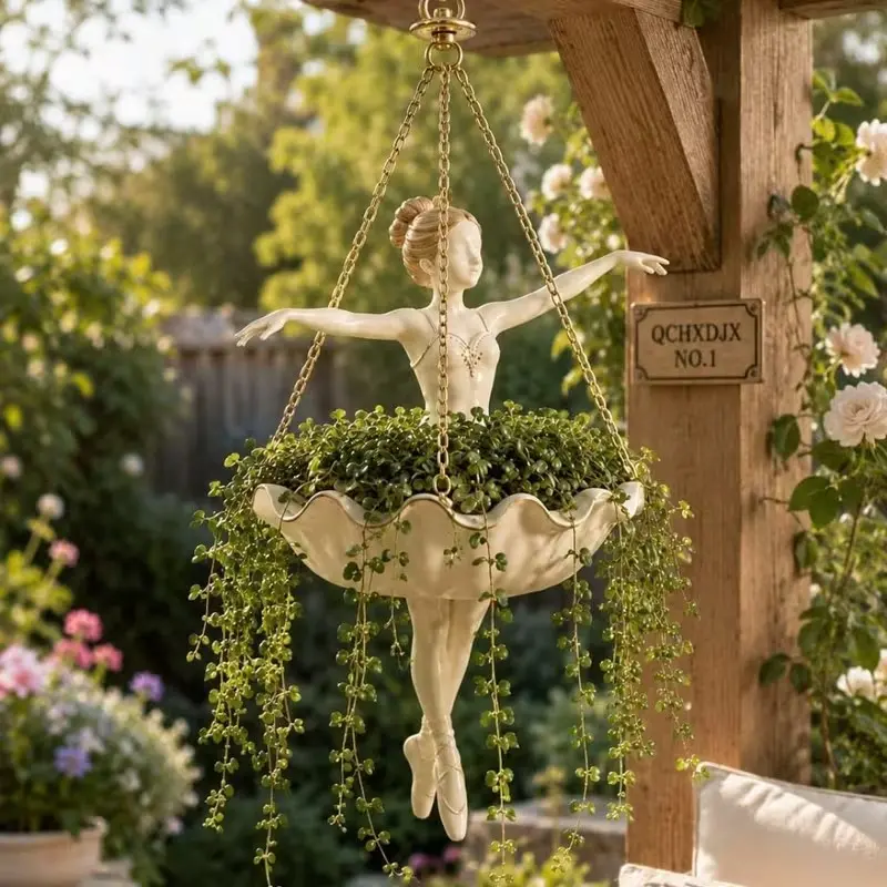 Ballet Dancer Hanging Planter with Statue, Resin Flower Pot for Succulents, Lightweight Chain Hook, Outdoor Garden Decor, Balcony Decoration