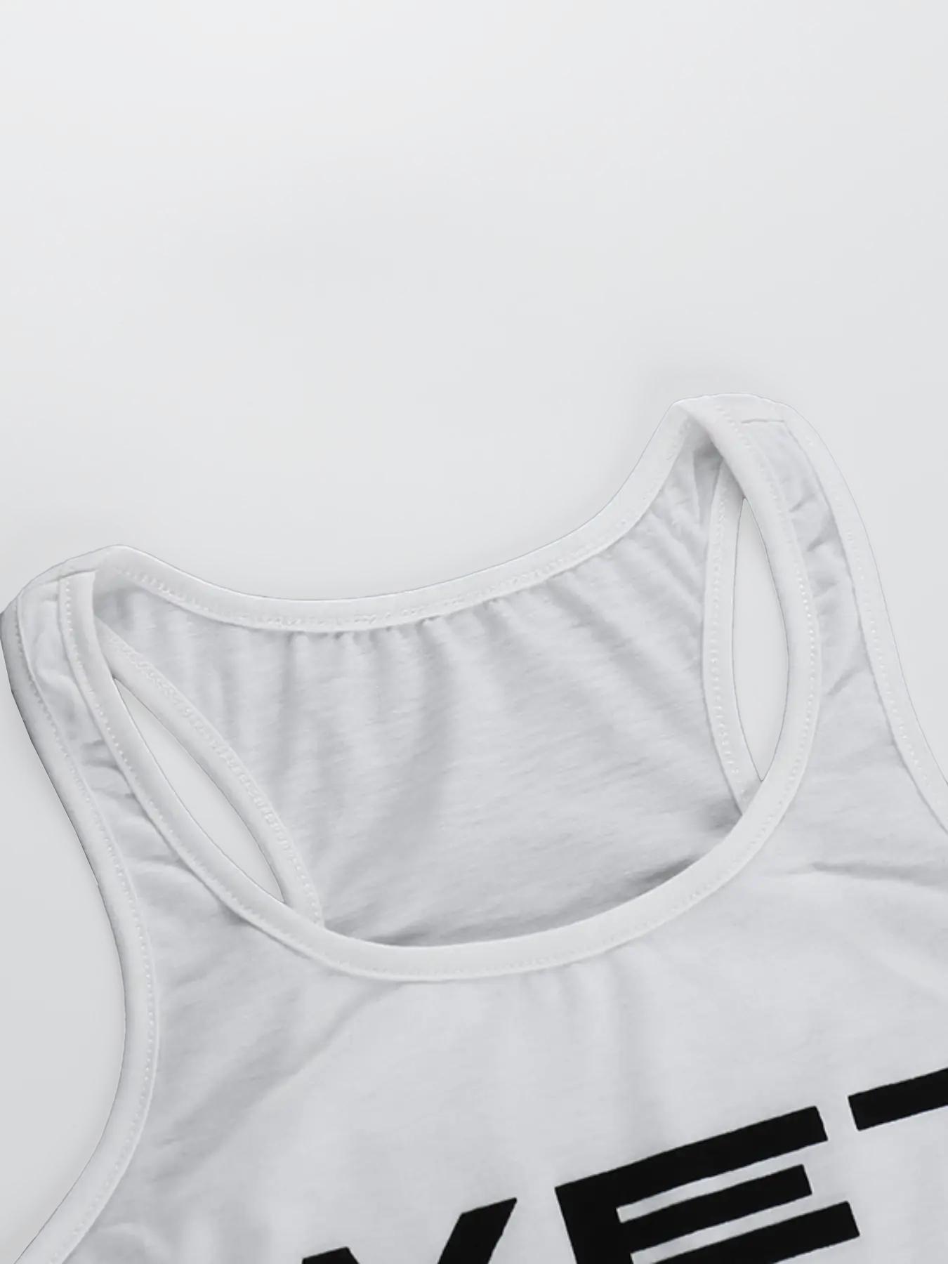 Women's Letter Print Round Neck Knitted Tank Top, Casual Streetwear Sleeveless Cropped Top for Summer, Ladies Teen Girls Clothes for Daily Wear