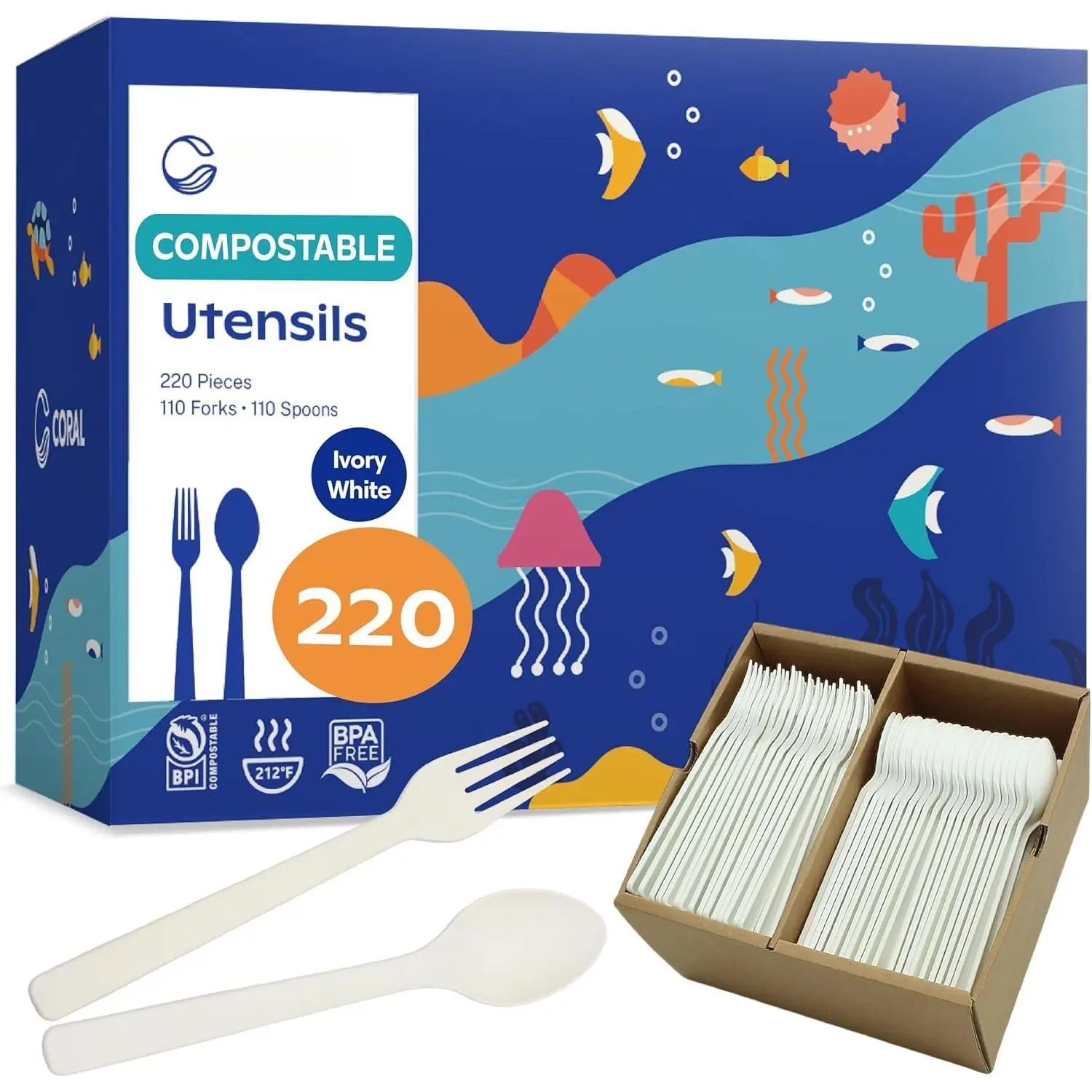 White  Compostable Spoons & Forks Set - 220 count - No Plastic Utensil 110 Forks, 110 Soup Spoons - Break Resistant with Smooth Edges,  Friendly Alternative to Plastic Silverware