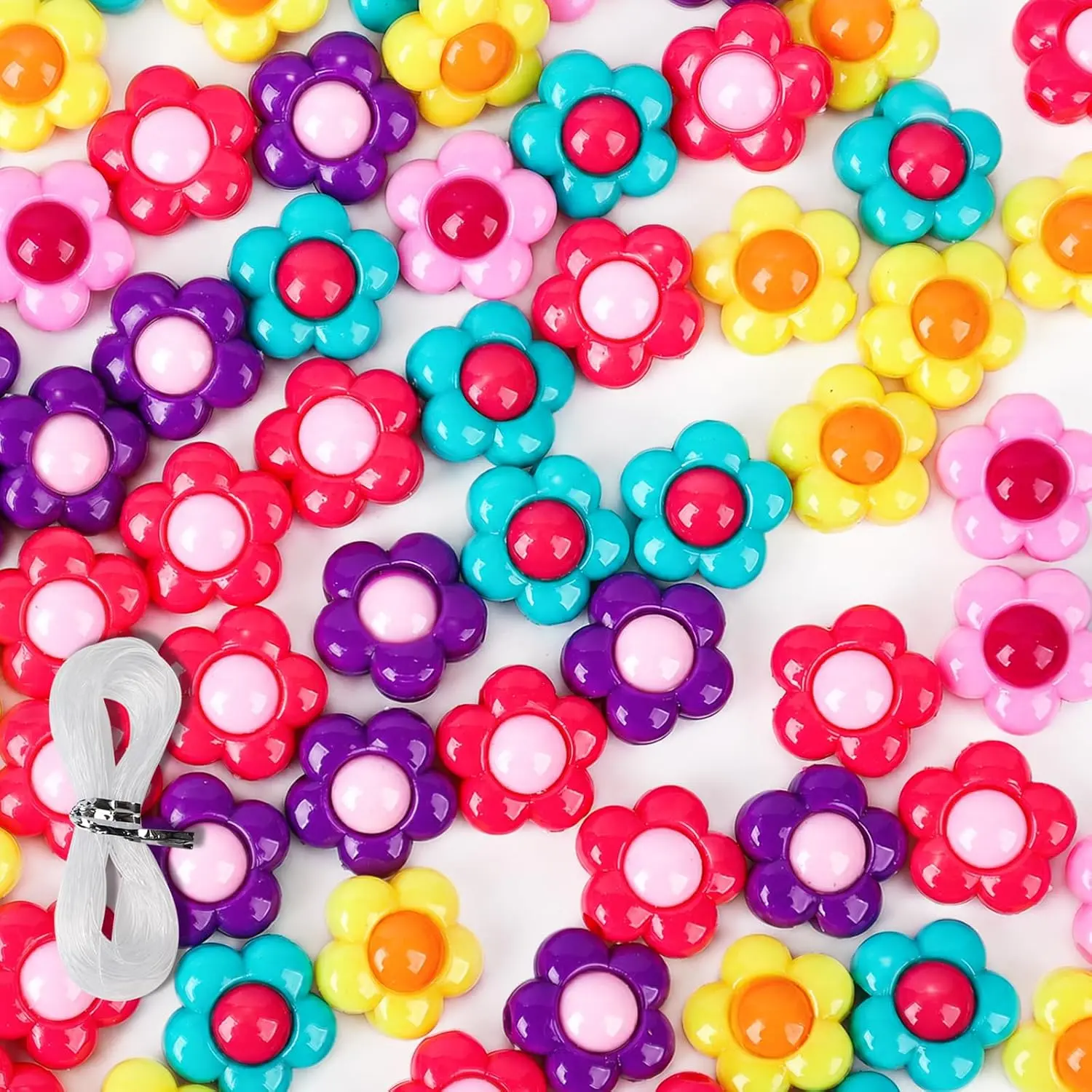 130 count Flower Beads for  Making,  Colorful  Floral Spacer Beads with Elastic String, Pastel Candy Beads Bulk for DIY Bracelet Necklace Phone Charm Crafts