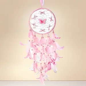 Dream Catcher for Girls – Butterfly Center, Pink & White Mixed Feathers & Clear Beads, Pink Decor for Bedroom, Comes with a Decorative Box & White Raffia