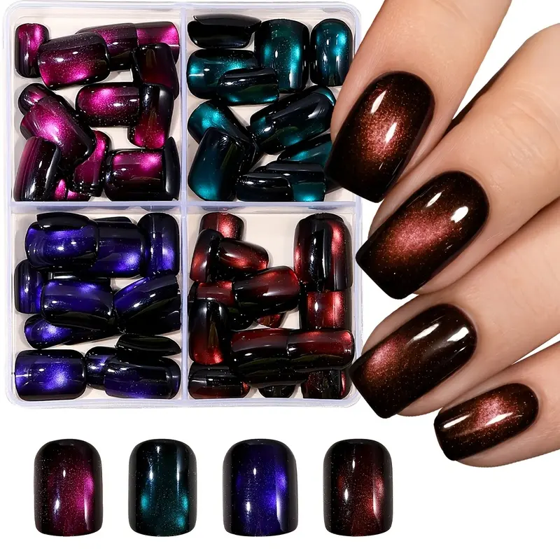 96 pieces of multi-color square fake nails with cat's eye effect - smooth surface, simple, high-end, versatile, and ready to use. Pressing nails are the perfect New Year gift for women or girls, Artificial Nails
