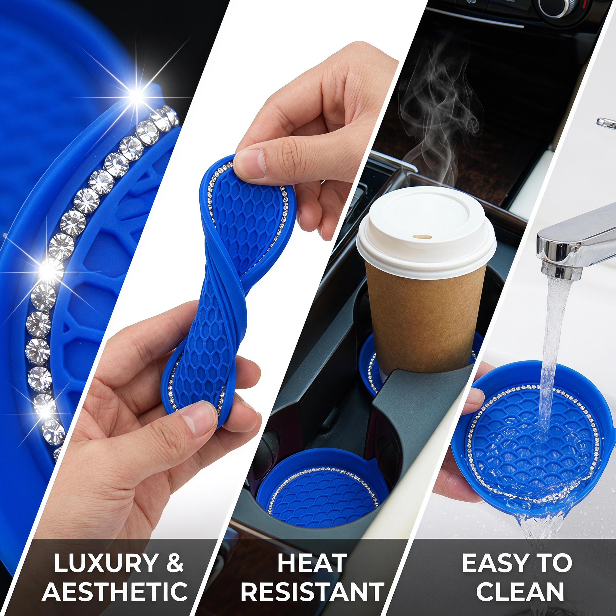 2pcs Non-Slip Water Cup Pad, Car Coaster with Rhinestone Bling Decoration, Anti-Skid 8cm Rubber Cup Bottle Mat, Car Interior Accessory, Car Accessories-MM2