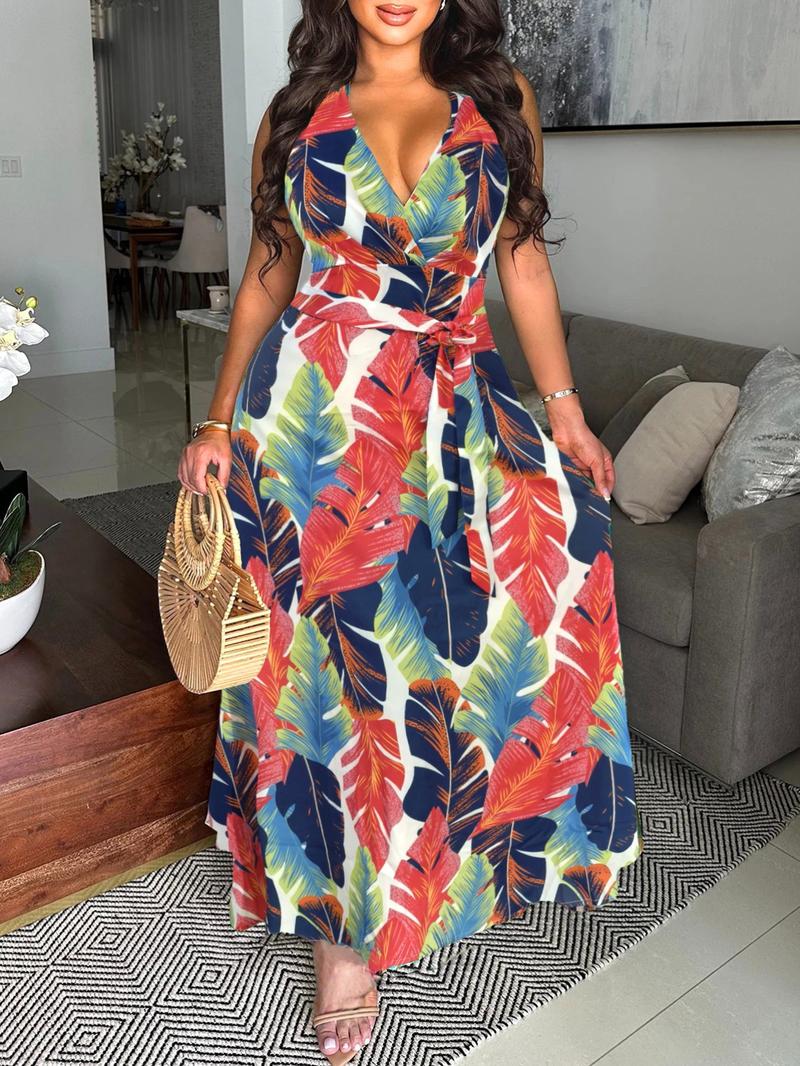 Women's All Over Print Halter Dress, Casual Boho Bohemian Sleeveless Backless Long Dress for Summer, Women's Clothing for Beach Holiday