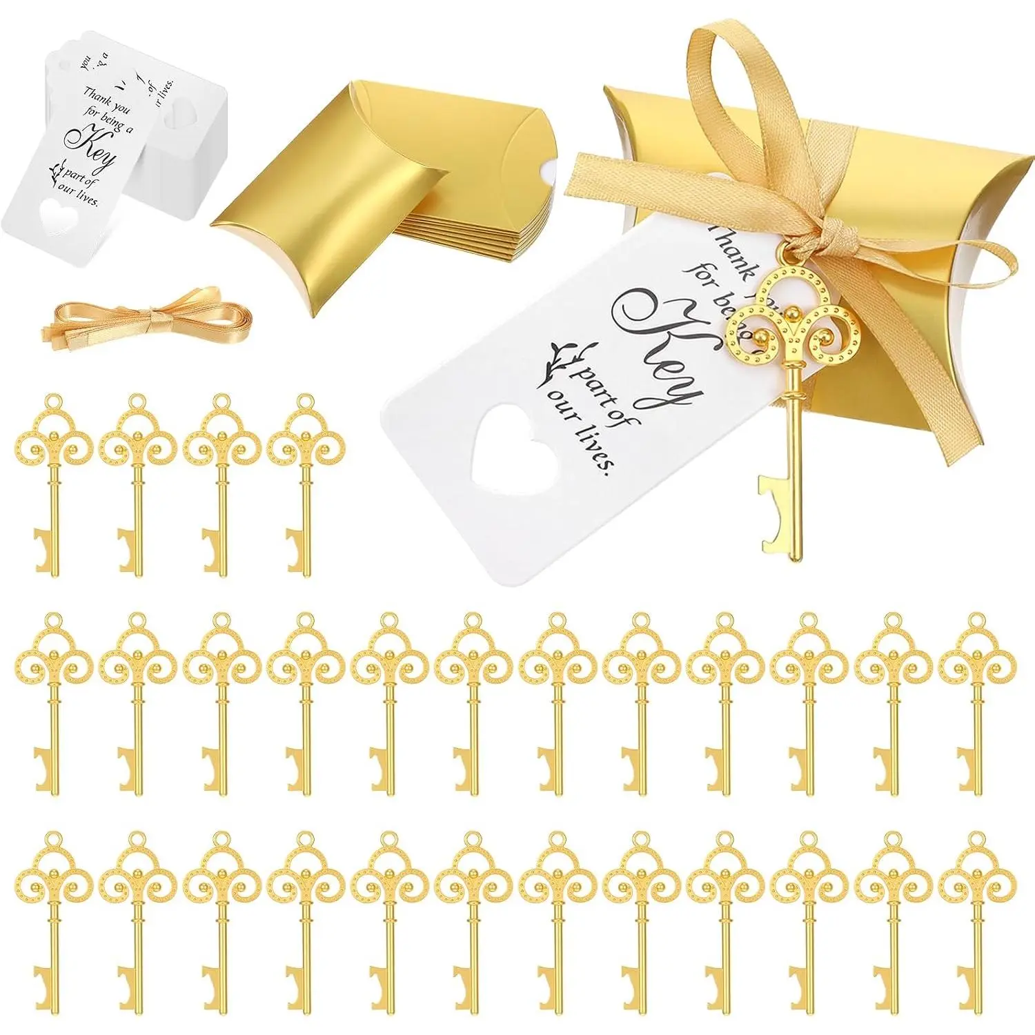 100 Sets  Key Bottle Opener Wedding Favors, Wedding Party Souvenir  for Guests with Thank You Tag Card Pillow Candy Box and Satin Ribbon ()