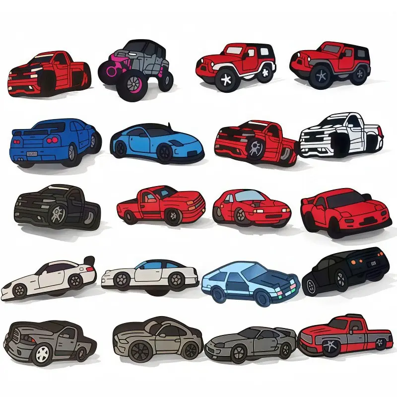 20pcs Cartoon Car Series Holey Shoes Flower Buckle Accessories, PVC Soft Gel DIY Decorations, Summer Party Gifts