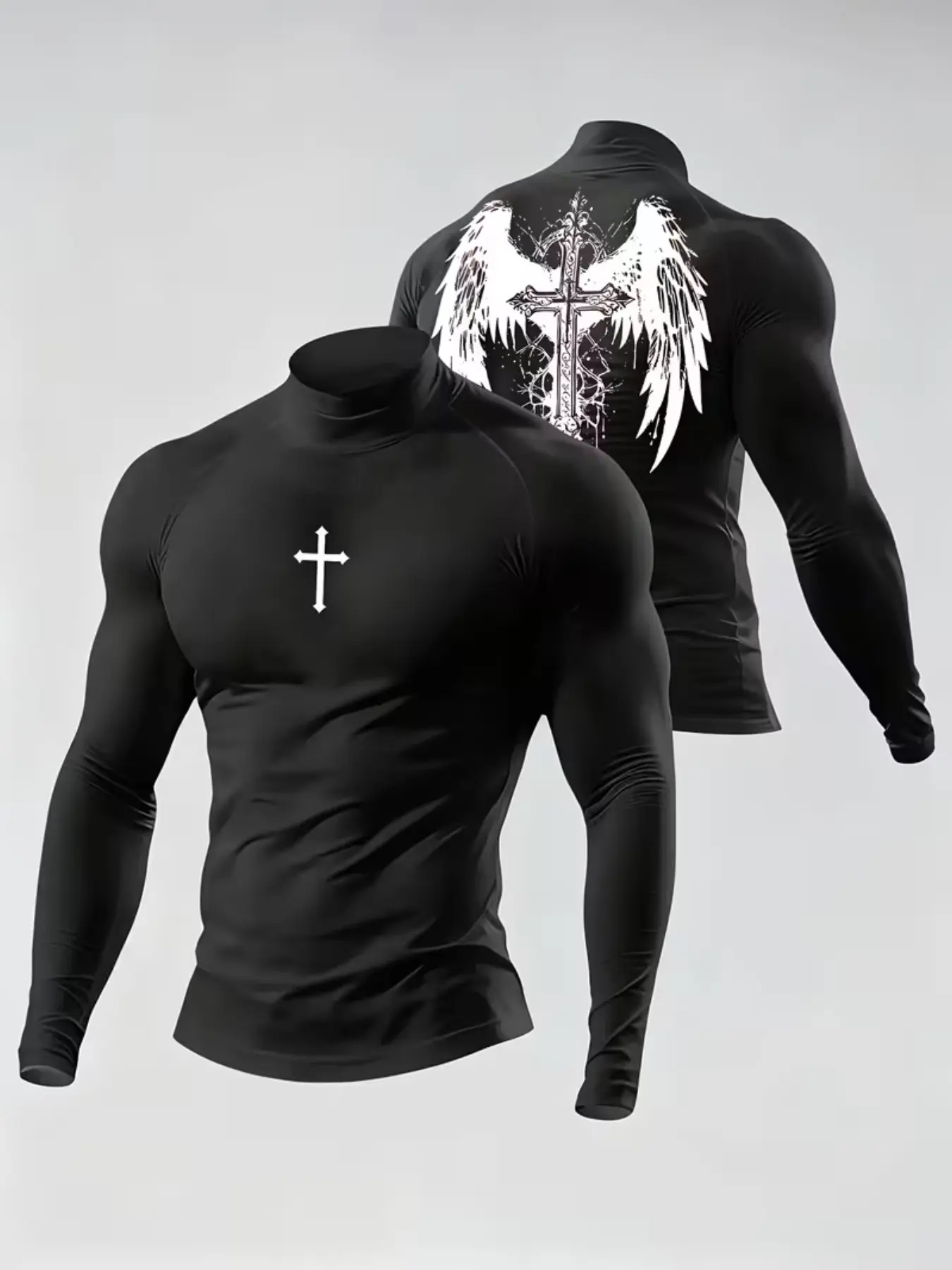 Men Mock Half High Neck Long Sleeve Compression Gym T-Shirt Front Mini White Cross Back Big Vintage Thorn Angel Wing Cross Distress Graphic Print Thumb Cuff Quick Dry Muscle Fit Athletic Base Layer For Weightlifting Bodybuilding Daily Street Wear 2026 Tre