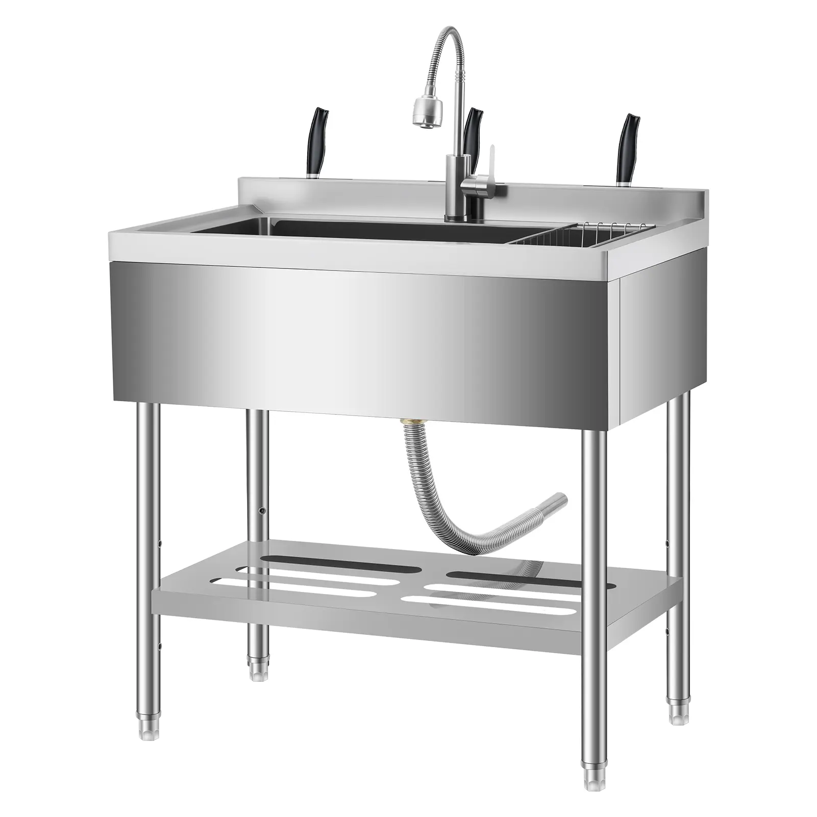 Freestanding 304 Stainless Steel Utility Sink, Single Bowl Workstation with 360° Swivel Faucet, Storage Shelf, S-Hooks and Drain Kit, Adjustable Height Legs for Kitchen, Laundry, Garage & Outdoor Farm Use
