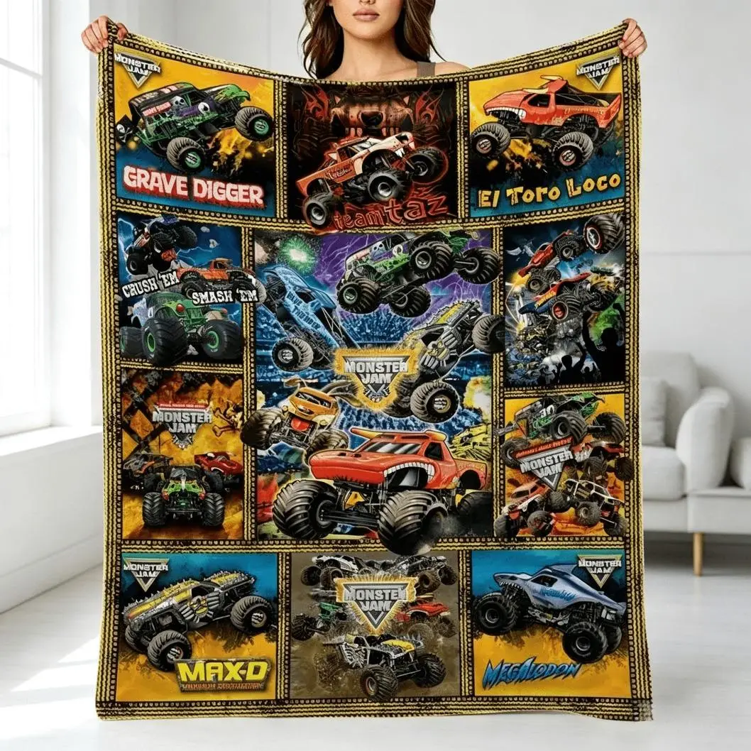 Monster Jam Truck Collection Printed Flannel Blanket, Cooling Soft Cozy Child-Sized Car Print Throw for Boys, Monster Truck Fans, Bedroom Living Room Home Decor, Grave Digger El Toro Loco Max D Inspired Design, Adults Kids