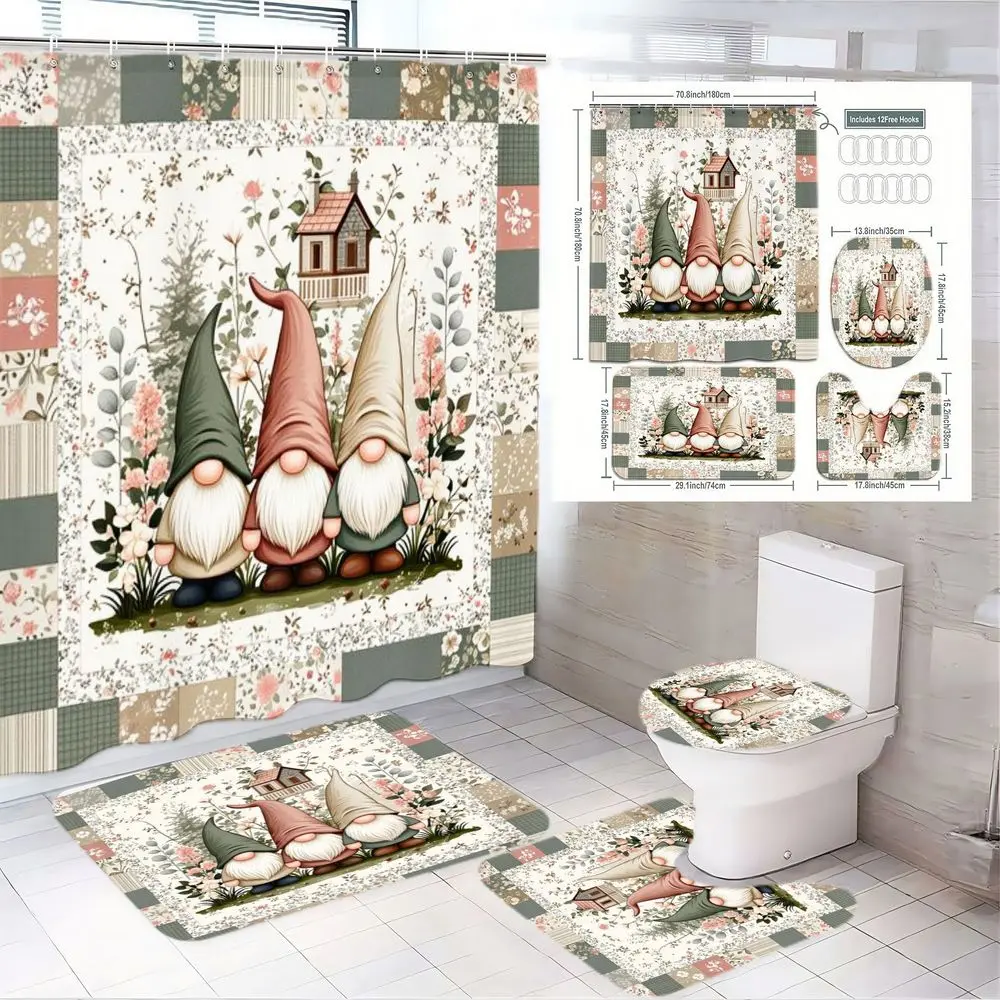 1/4pcs Garden Gnome Floral Rustic Bathroom Set - Shower Curtain Set With Rugs (Bathroom Curtains Shower, 3 Gnomes, Pink Flowers, Green Foliage) + 2 Floor Mats + Toilet Lid Cover, Pastoral Theme for Spring/Summer Decor, Outdoor-Inspired Bathroom