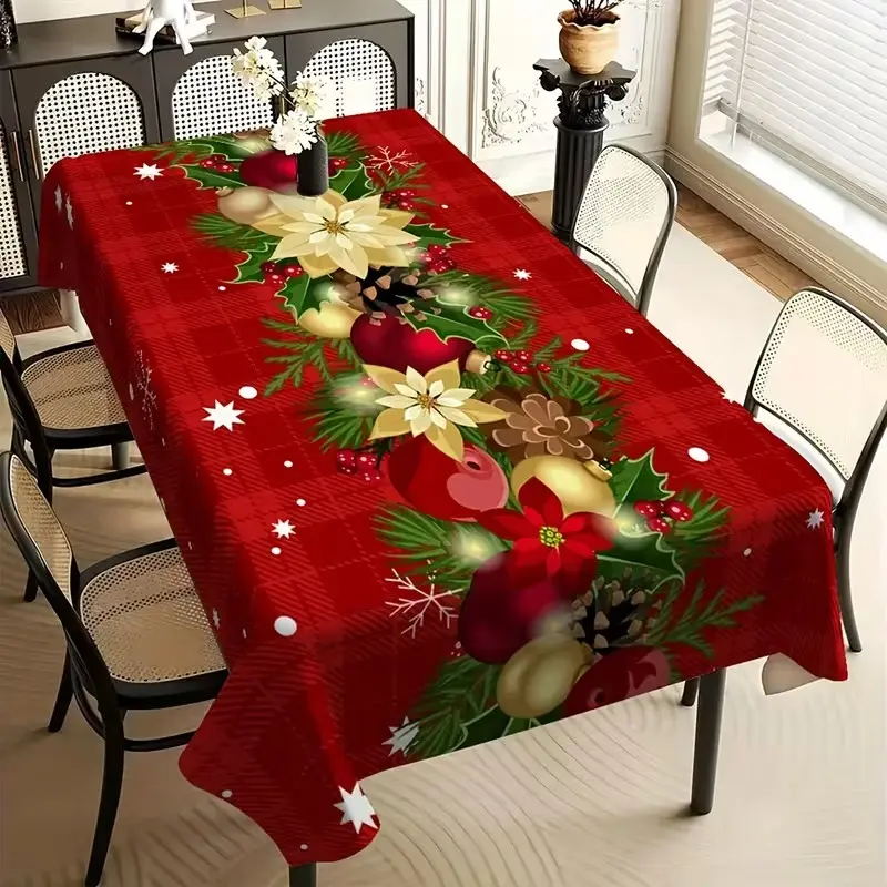 2D Flat Party Tablecloth 1pc, Checkered Christmas Decor, Foldable Polyester, Kitchen Restaurant Festival Party, Durable Rectangular Tablecloth