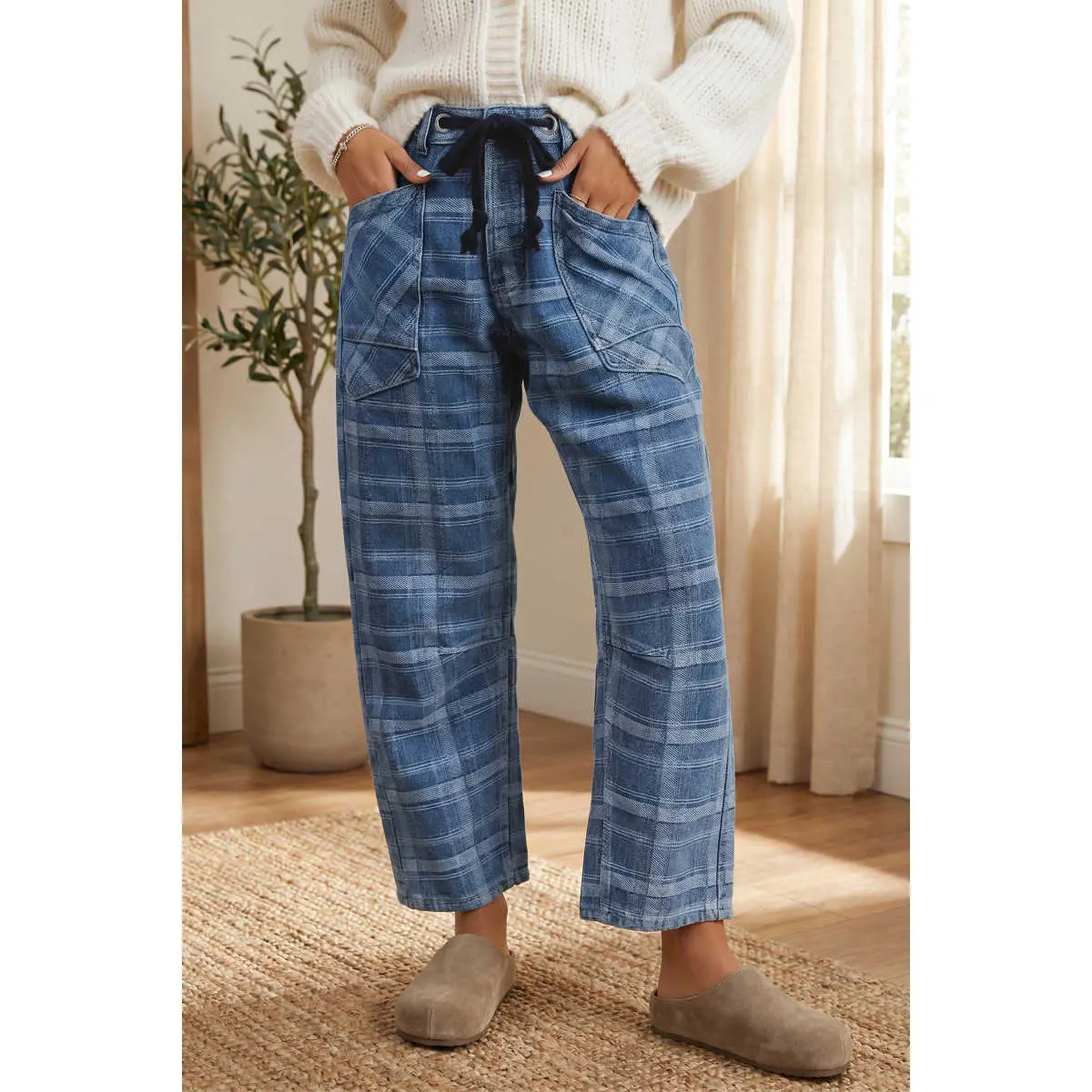 Women's Plaid Cotton Everyday Jeans - Adjustable Drawstring Waist, Pockets, Ankle-Length Fit, Casual All-Seasons Women's Bottoms