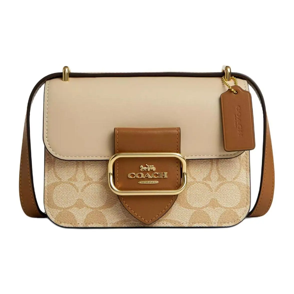 COACH Morgan Square 18 Printed Color-Block Coated Canvas Crossbody Bag for Women, Small Size, Light Khaki