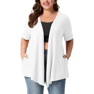 Plus Size Lightweight Cardigan for Women Short Sleeve Open Front Casual Cardigans with Pockets