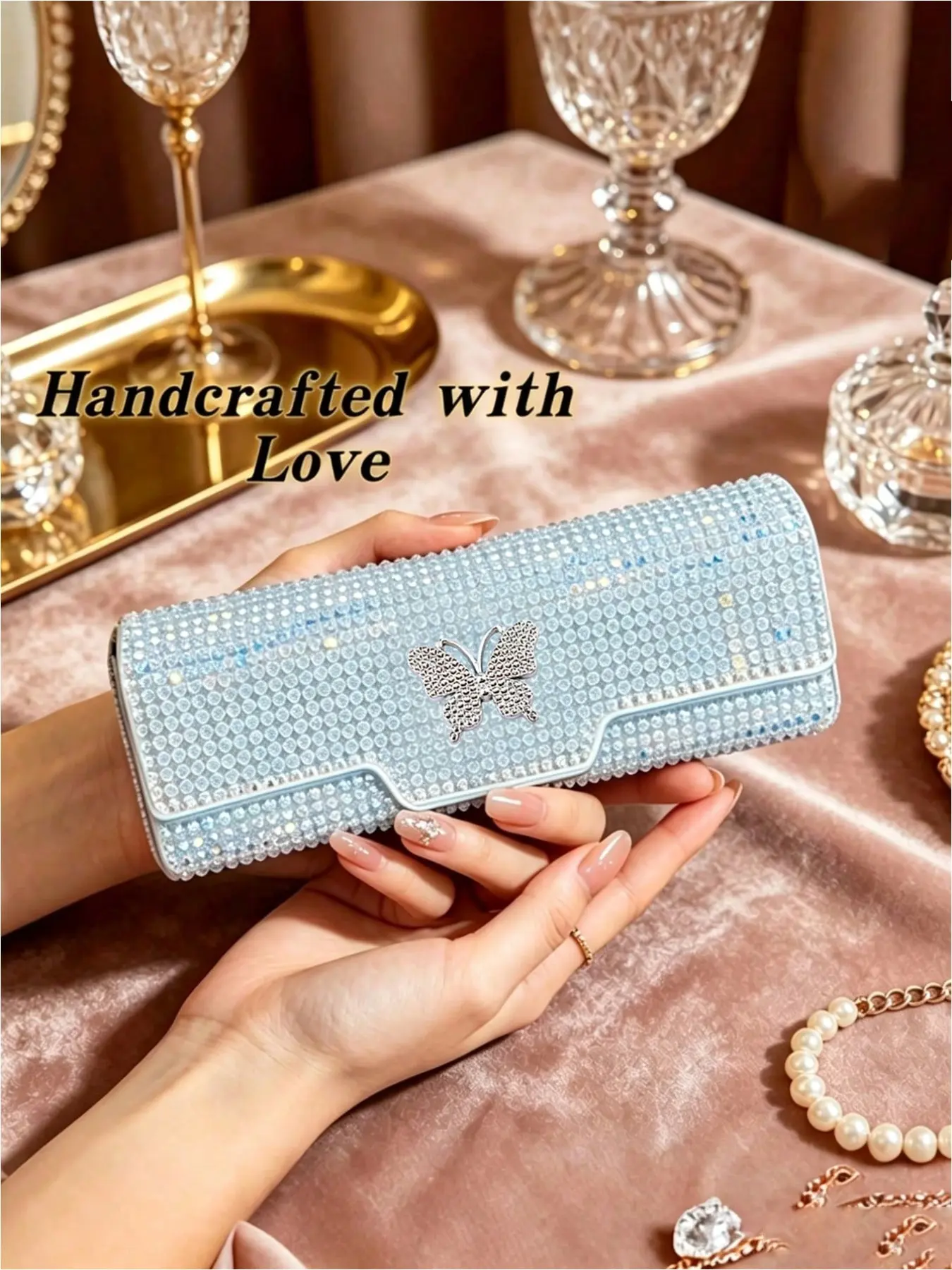 Luxurious shiny handmade rhinestone small glasses case, rhinestone butterfly handmade glasses case, for storing sunglasses and prescription glasses; can also be used as a small box for lipstick and makeup; colorful diamond glasses case