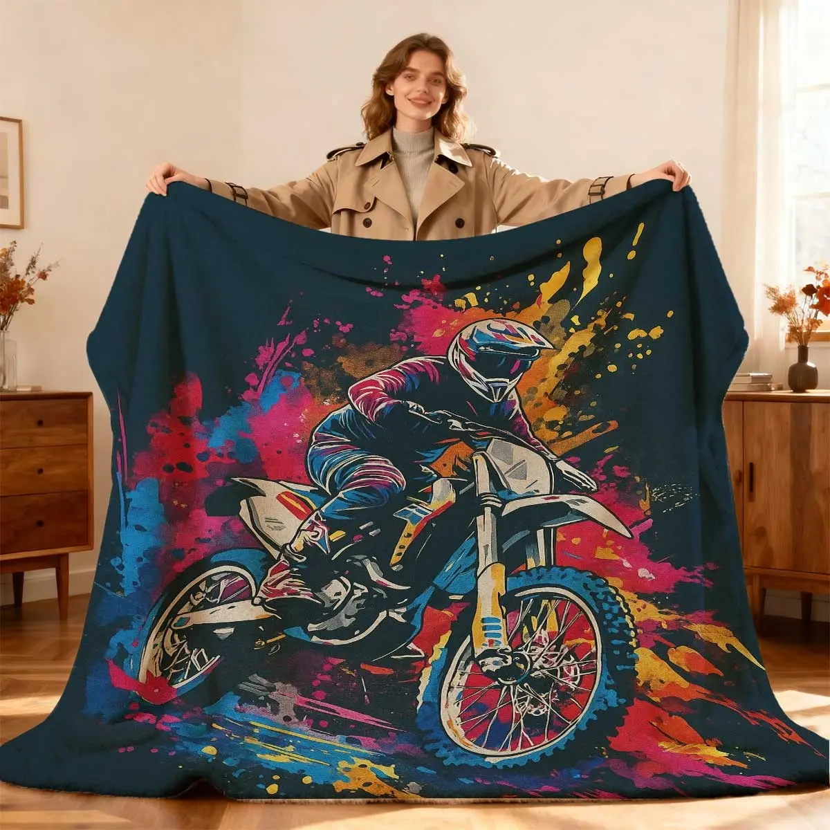 1pc Motorcycle Rider Action Design Flannel Blanket | Soft Lightweight All-Season Throw for Sofa, Bed, Camping & Travel - Vibrant Color Splash Contemporary Home Decor Gift, Motorbike Decor, Comfortable Polyester