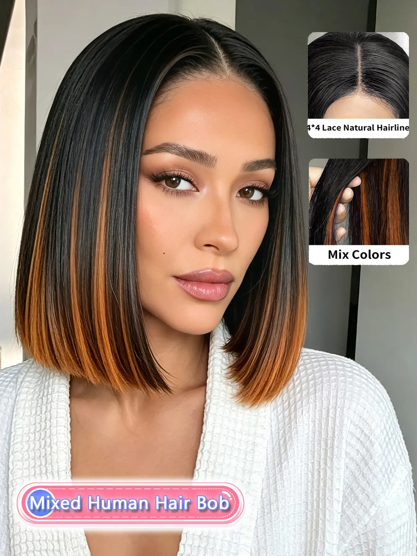 Human Hair Mixed Color Bob Wig, 10 Inch Straight Blunt Cut Short Style with 4x4 Lace Closure, Natural Middle Part, Dimensional Color Blend, Silky Smooth Texture, Lightweight Breathable Comfort for Women
