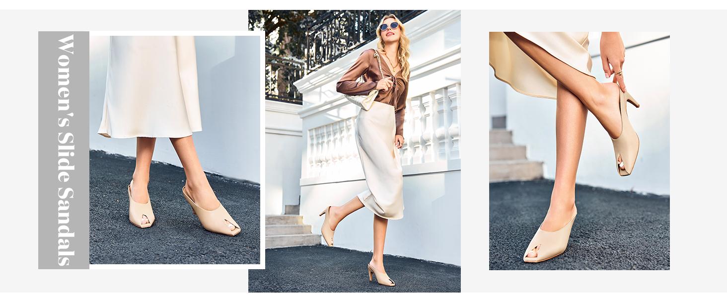 Fashare Womens Kitten Heels Mules Open Peep Toe Slide Sandals Slip On Summer Dress Shoes