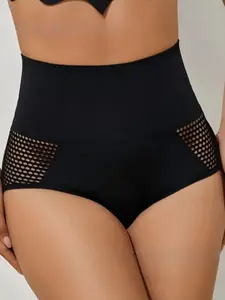 1 Count Women's Solid Tone Ribbed High Rise Underlayer Shapewear Shorts, Fajas, Side Hollow Mesh Breathable Fabric Bottoms, Targeted Midsection Compression & Glute Lifting Shapewear for Daily Commute and Fitness