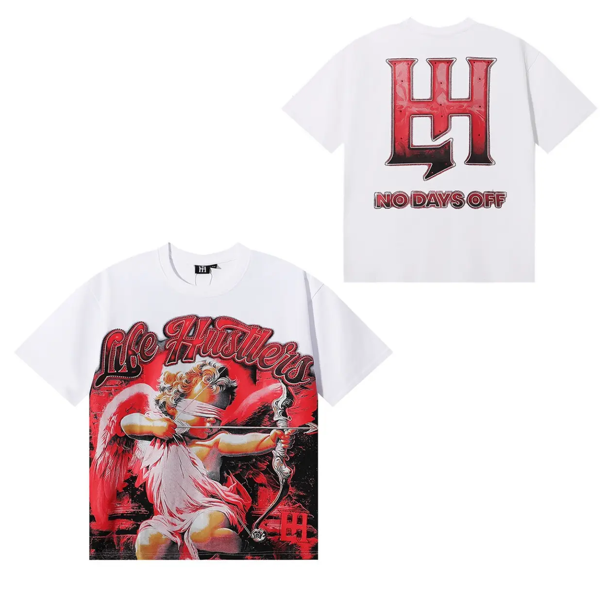 Life Hustlers No Days Off Blindfold Cupid Graphic T-Shirt, Rhinestone Double Sided Print Oversized Tee, Hip Hop Vintage Angel Archer Short Sleeve Top, Urban Streetwear Casual T Shirt for Men