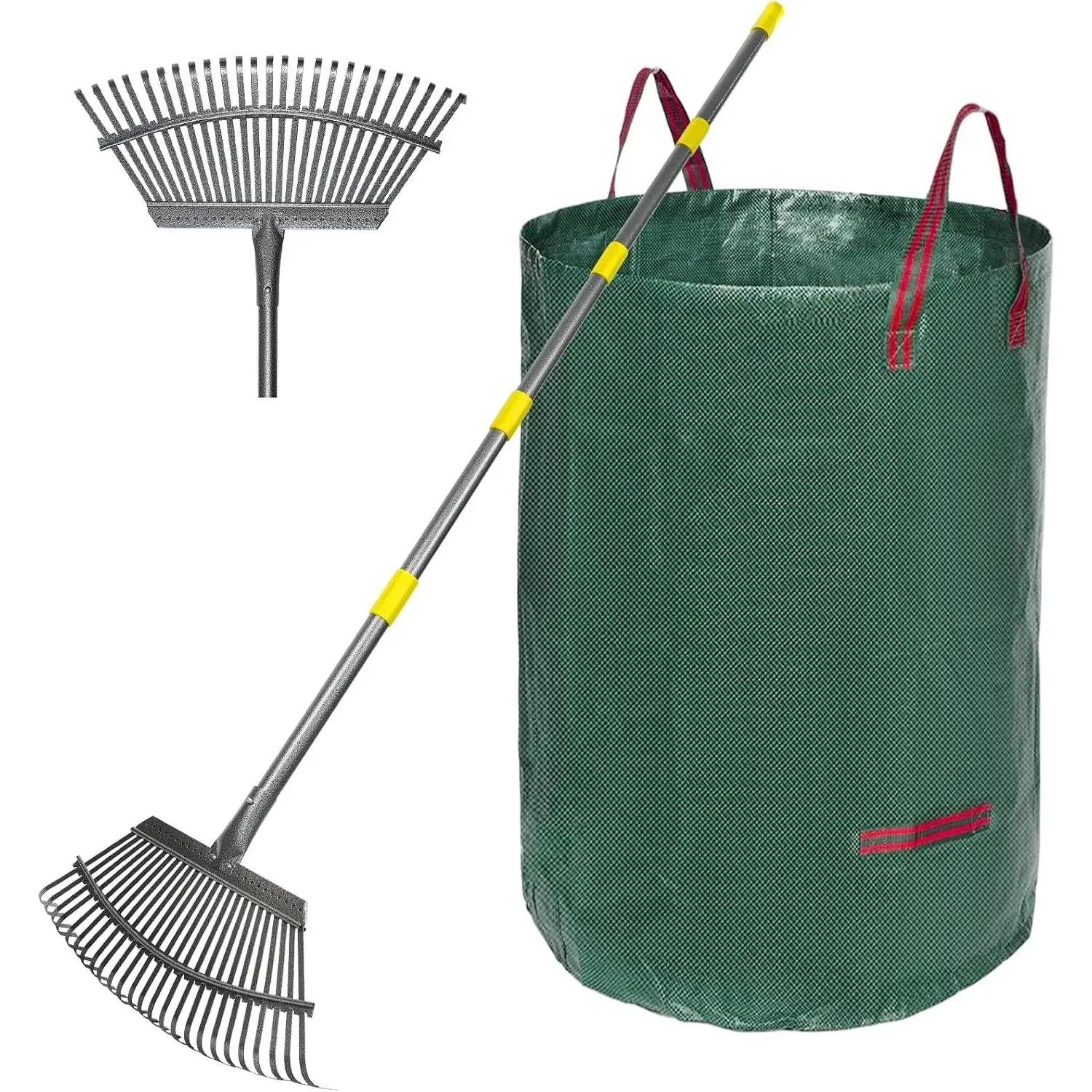 Heavy Duty Adjustable Garden Rake with 25 Metal Tines, 18" Wide Head, 36-73" Long Extendable Handle, Includes 32-Gallon Leaf Bags for Lawns, Grass, Shrubs & Flower Beds.