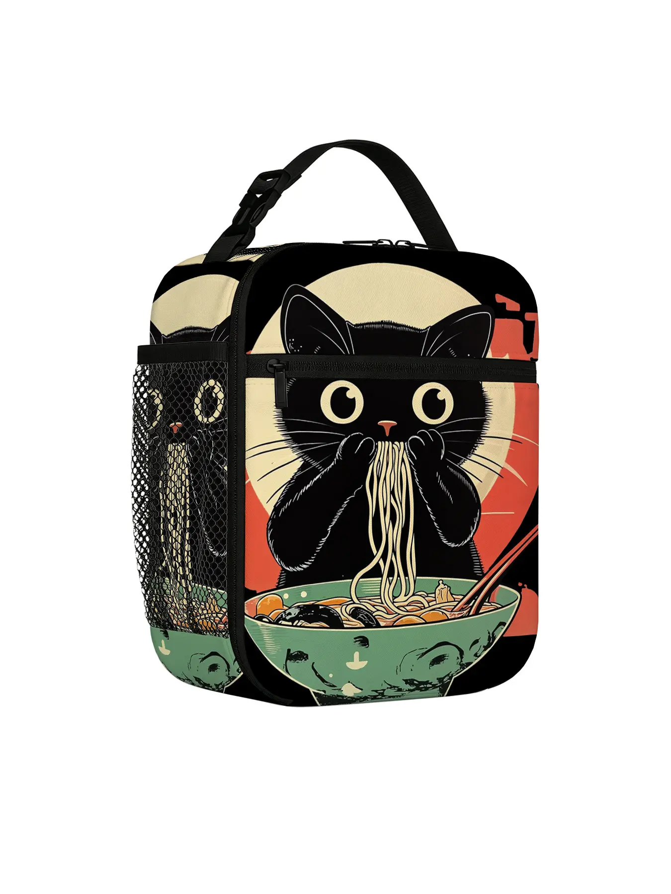 Japanese Cat Eating Ramen Lunch Bag, Insulated Bento Box, Portable Lunch Bag, Heatproof Leak-Proof, Thick Insulation, Ideal for Camping Picnics Office Use