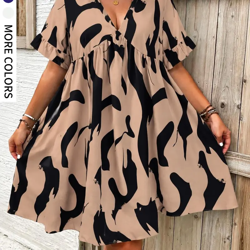Elegant Plus Size V Neck a Line Dress, Half Sleeve All over Print, Loose Fit, Casual Wear, Garden Party, Graduation Season, Boho Sundresses