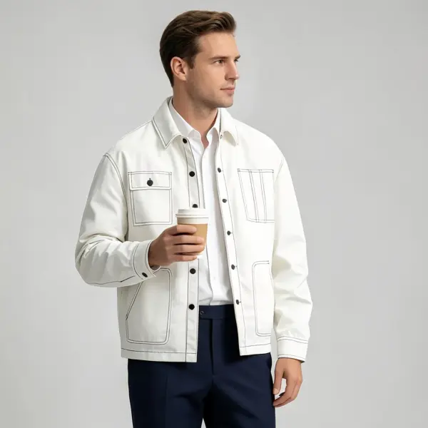 Men's Casual Workwear Shacket Jacket, White Contrast Topstitching Lapel Button Up Coat with Pockets, Versatile Business Office & Daily Wear Regular Fit Jacket