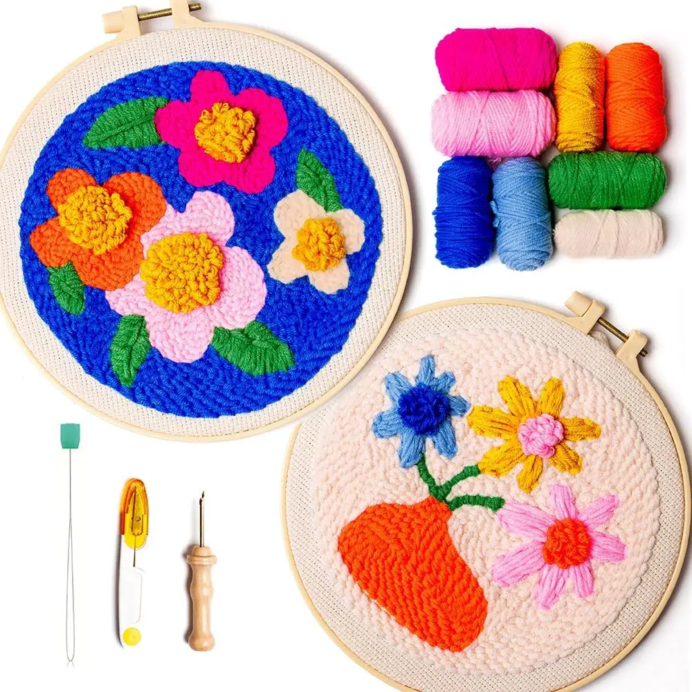 Punch  Kit, Two Large Floral Designs w/ 2 Embroidery Hoops, Includes Beginner Video Tutorials and Instructions, Beginner Punch  for Adults, Complete Kit for Crafters