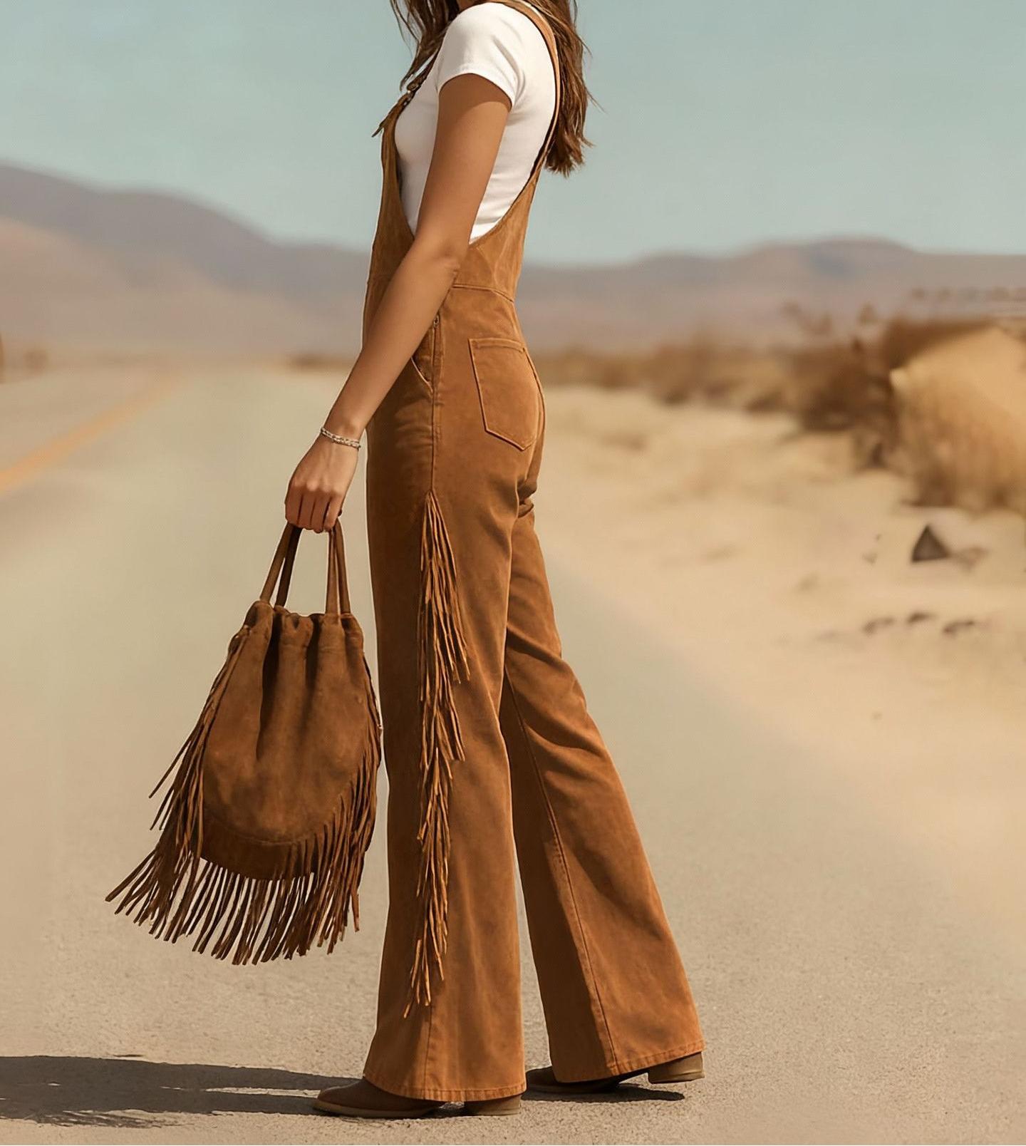 Women's Retro Faux Suede Fringe Wide-Leg Cargo Pants