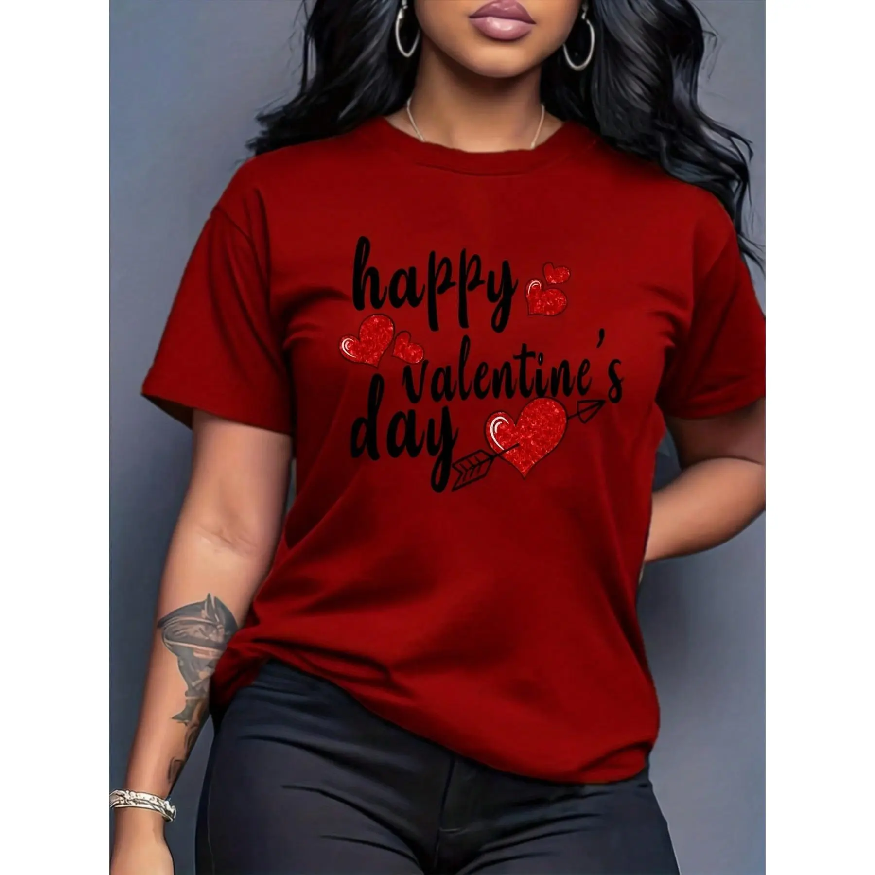 Lady's Cotton Pullover Shortsleeve Sports Top - Happy Valentine's Day Graphic Tee with Red Glittery Hearts, Arrow Design, Casual Fabric for Valentine's Day Celebrations