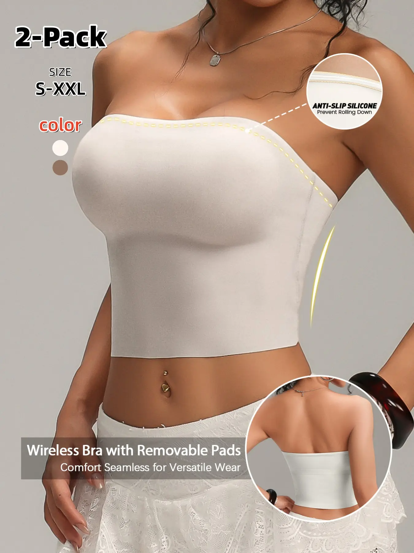Women's Daily Bandeau Bra, Sexy Backless Strapless Wrap Top, Removable Pads, Non-Slip Design, Soft Fabric, All Seasons, Party Wear