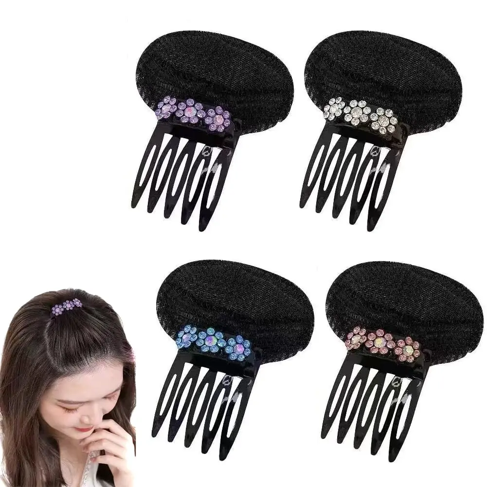 4 count Rhinestone Flower Hair Volumizing Clips with Sponge Inserts, Invisible Bump It Up Volume Hair Pads Cushion Clips for Women Puffy Hairstyle Tools(Black,White,Blue,)