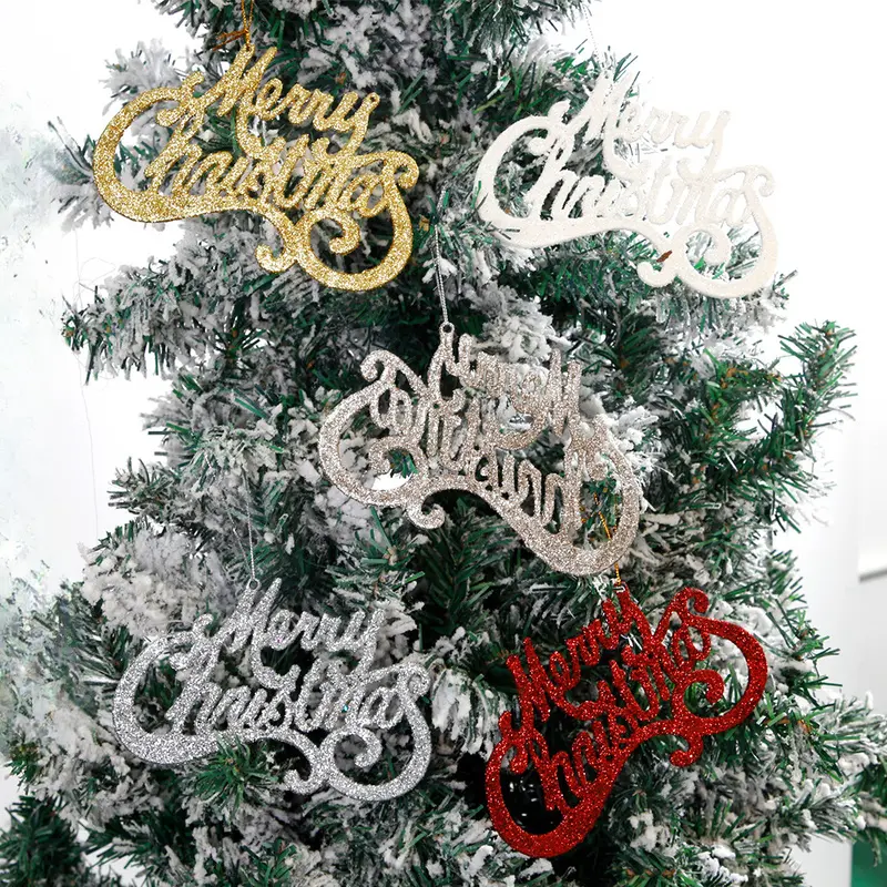 New Christmas gold glitter letter pendant Christmas tree DIY decoration glitter hanging ornament Merry Christmas English hangingdecoration