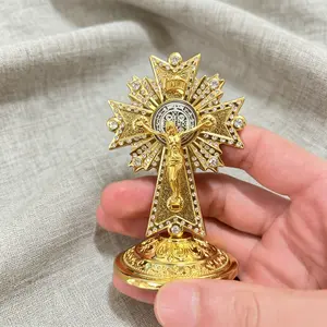 Catholic Crucifix with Monstrance Base, 5.5cm Mini Jesus Cross Figurine, Rhinestone Inlay Gold Desktop Decor for Home Prayer Altar