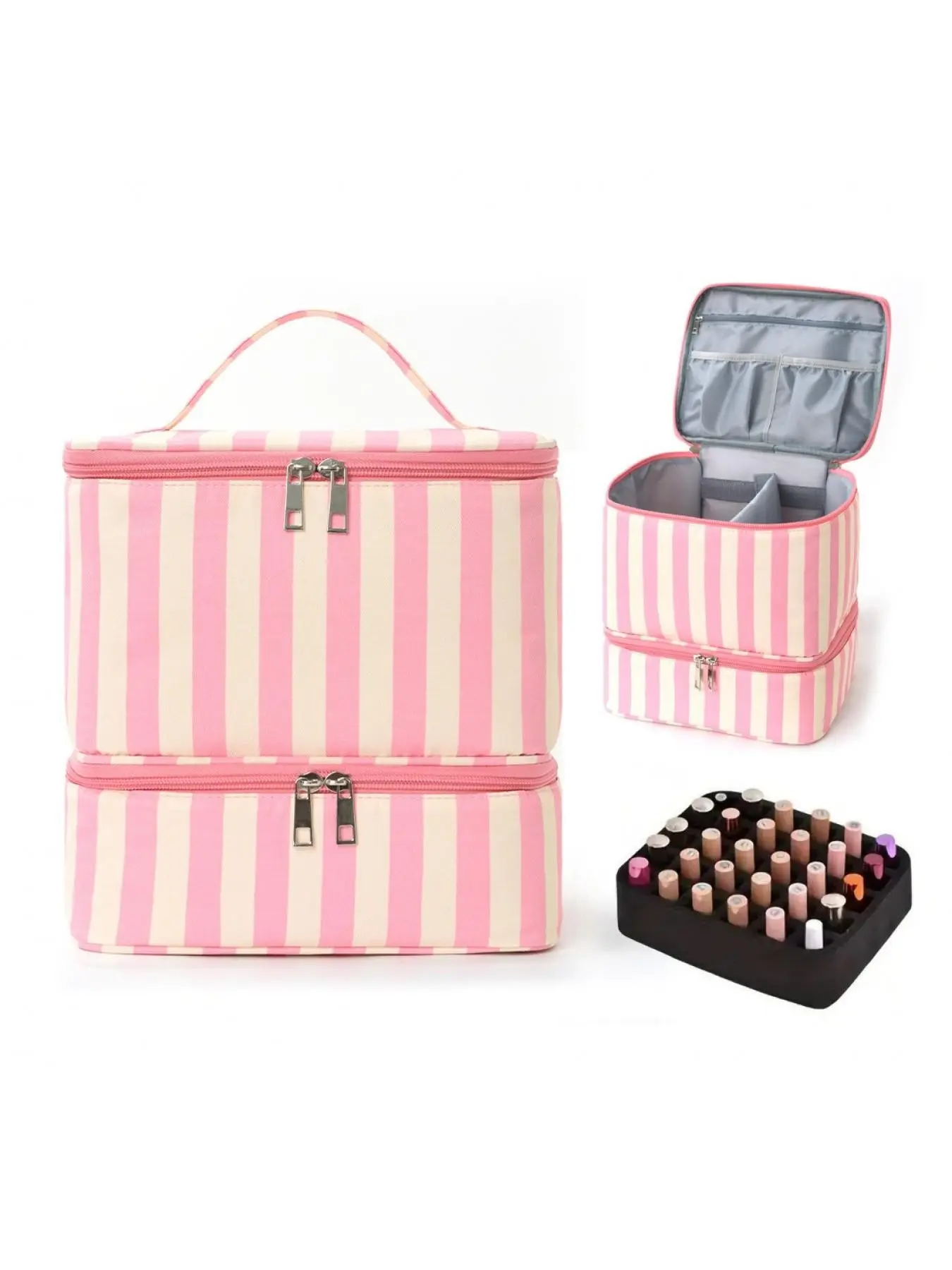Two-Tier Striped Multipurpose Storage Organizer Bag, Multi Grid Handheld Cosmetic & Nail Polish Carry Case, Waterproof Lining Zipper Bag for Skincare, Manicure Tools, Home and Travel Use