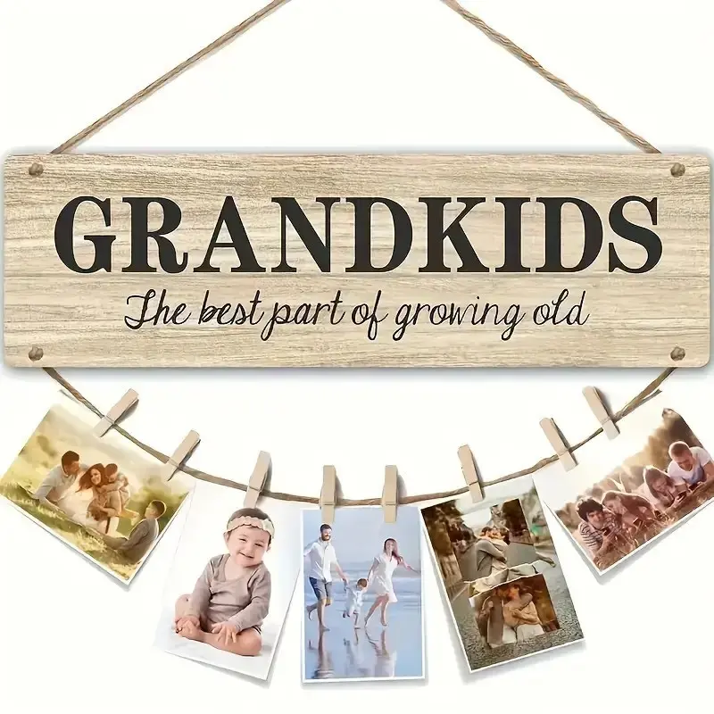 Rustic Farmhouse Wooden Grandchildren Photo Hanging Plaque with Photo Clips & Hanging Rope, Vintage Wall Display Decor, Photography Wall Hanging, Heartfelt Gift for Grandparents at Christmas and New Year