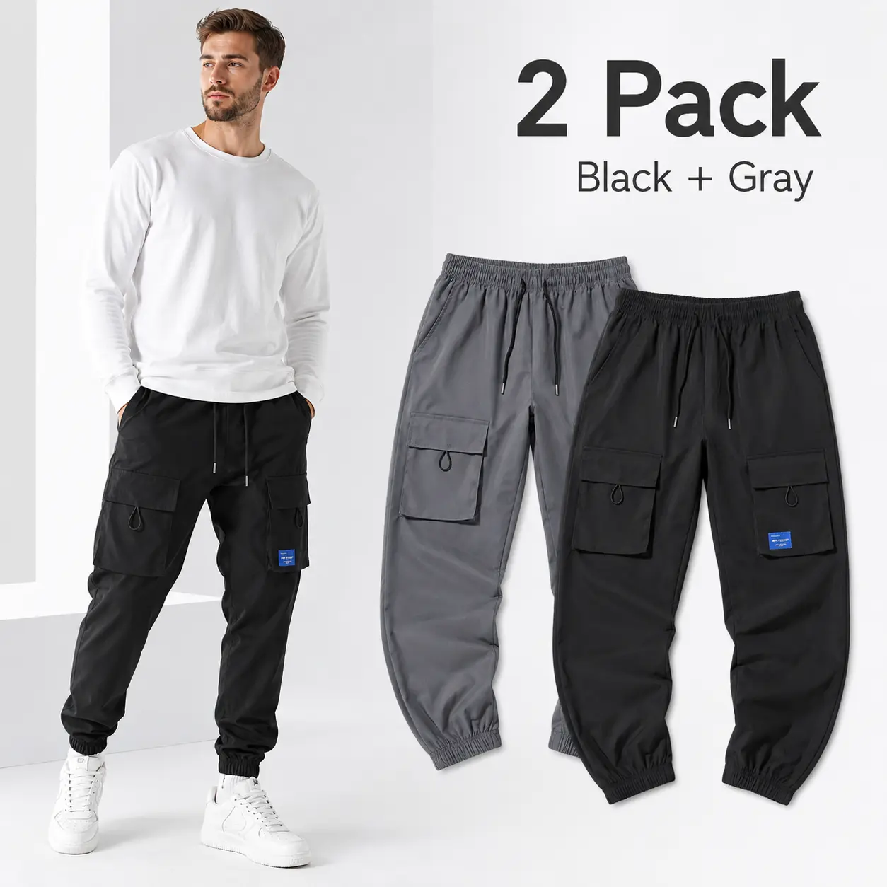 Male Black Cargo Joggers - Plain Relaxed Fit Polyester Pants with Multi-Pockets, Bundled Cuffs, Drawstring Waist, Airy Fabric, Machine Washable Lightweight Workout Activewear for All Seasons Outdoor Use