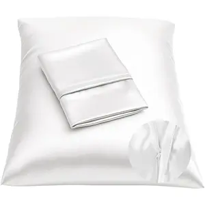 Satin Pillowcase with Zipper for Hair and Skin Care, Feels Soft and Cool Like a Silk Pillowcase, White Satin Pillow Cases 2 Pack, Slik Pillow Cover, Standard Size - Set of 2