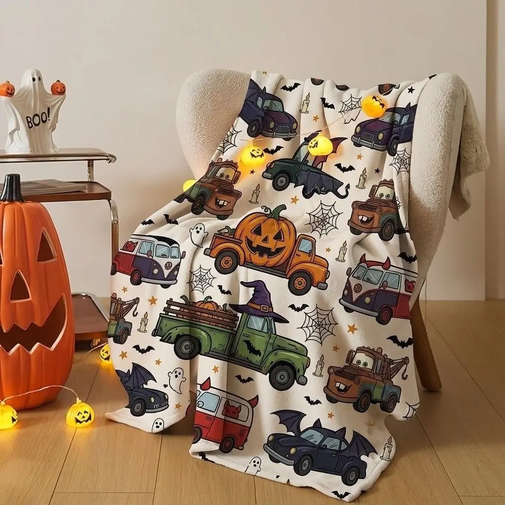 Cute Halloween Theme Blanket, 1pc Halloween Gift Throw, Pumpkin Spider Web Truck Print, Soft Fun Halloween Home Decor, Sofa Blanket