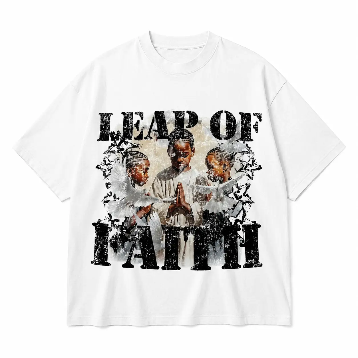 Unisex Vintage Washed Distressed Graphic T-Shirt, Leap Of Faith Inspirational Praying Portrait & Peace Dove Retro Art Print, Oversized Cotton Spiritual Grunge Urban Streetwear Tee