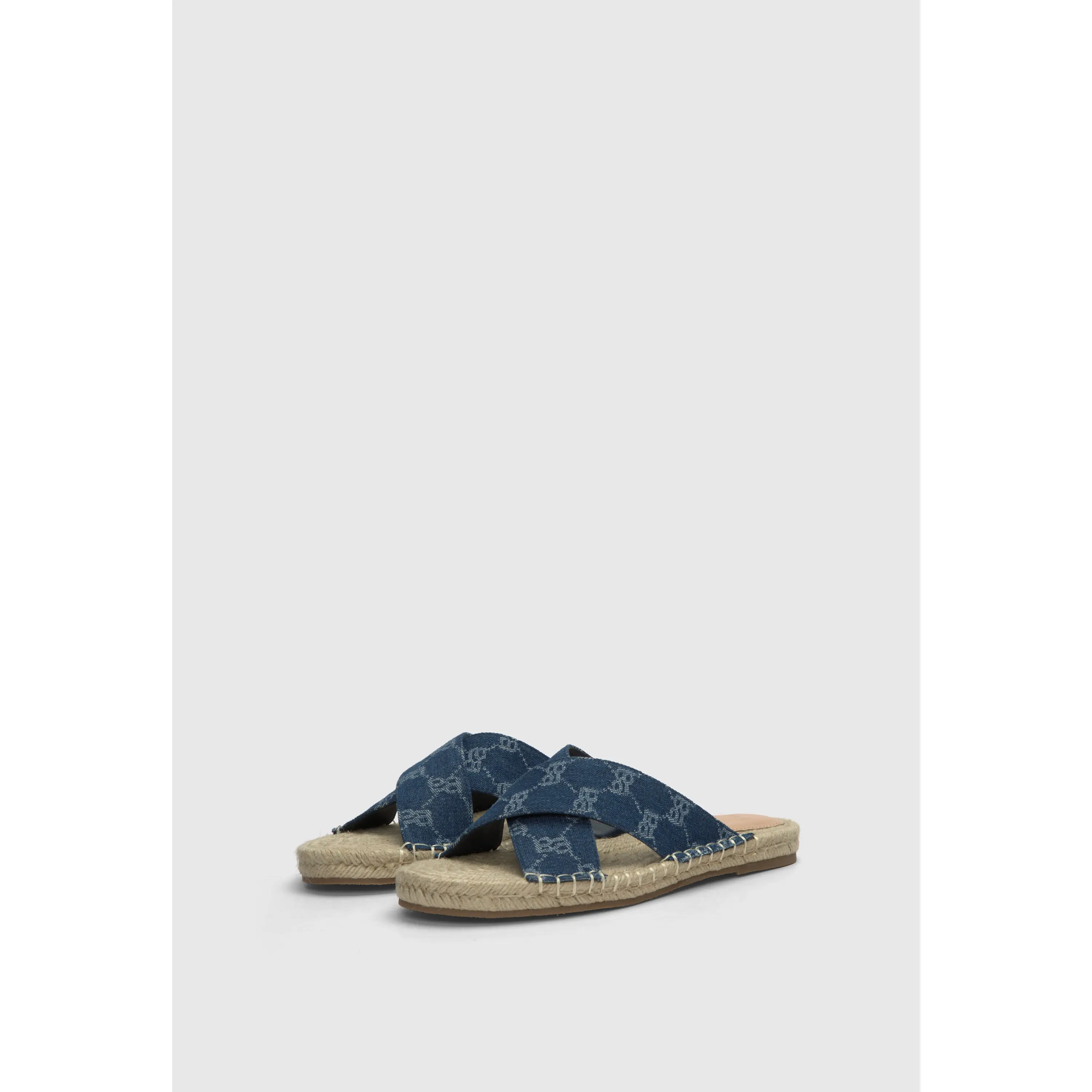 JUST FAB Women's Denim Espadrille Slide Sandals, Criss-Cross Woven Flat Slip-On Sandals with Cushioned Footbed, Casual Summer Slides for Vacation, Beach & Everyday Wear
