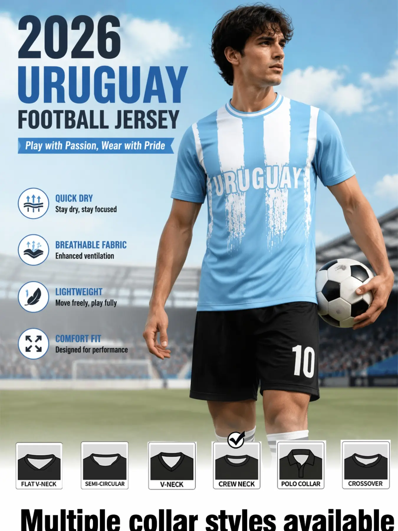 2026 Uruguay Sport Short Sleeve Jersey, Training & Casual Wear, Vertical Stripe Pattern, Large Letter Mark, Dual Color Sleeves, Stadium Fan Top