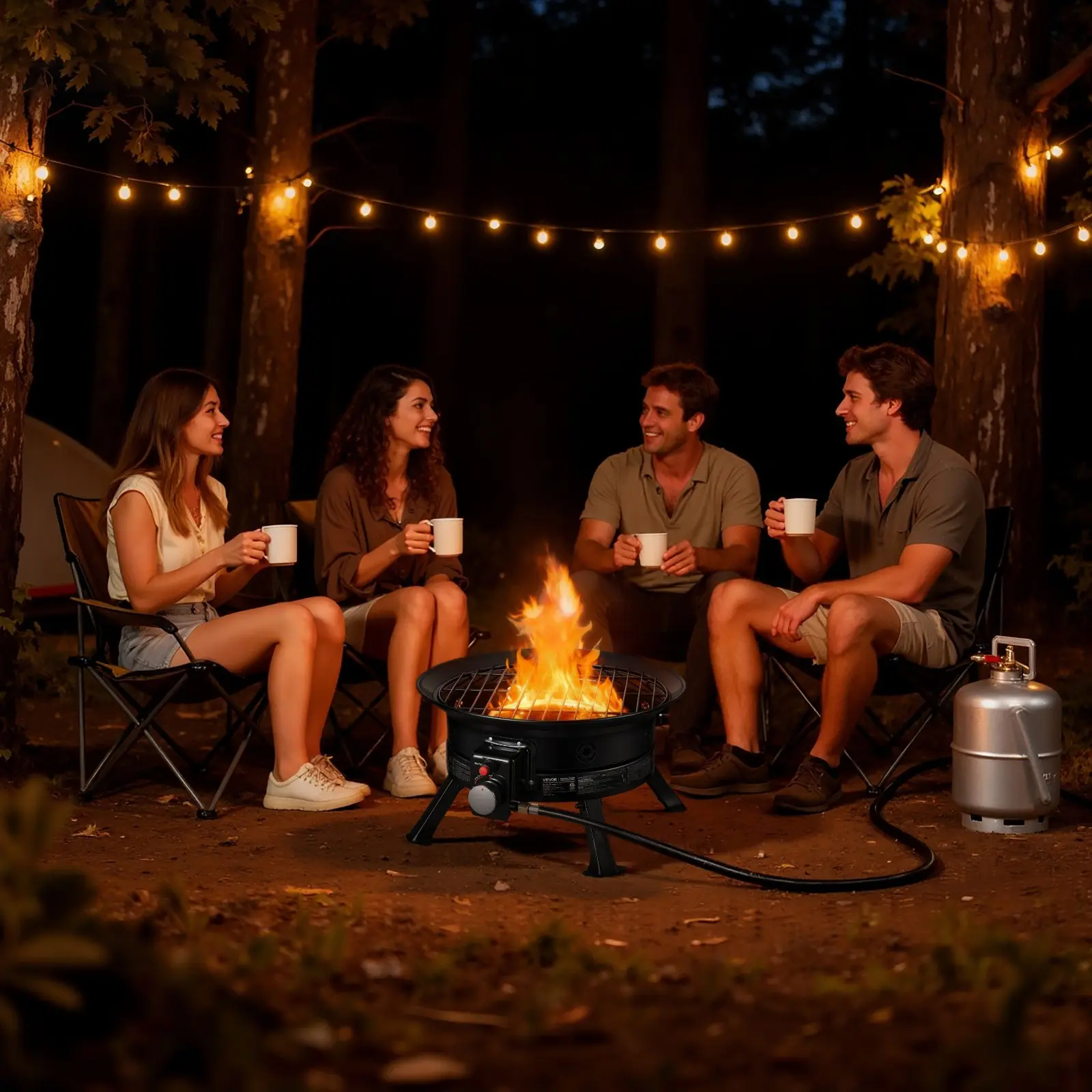 VEVOR Freestanding 19-Inch Propane Fire Pit, 53000 BTU Gas Firebowl with Grill Grate, Lava Rocks, Adjustable Flame, Folding Legs, Smokeless Burner for Backyard, RV, Deck