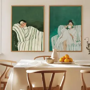 2 Pieces Abstract Figure Emerald Striped Female Minimalist Large Art, Modern Wall Mural, Elegant Fashion Home Art, Contemporary Gallery Decor, Green Tone Painting, Wall Decor for Living Room and Bedroom, Framed or Unframed.