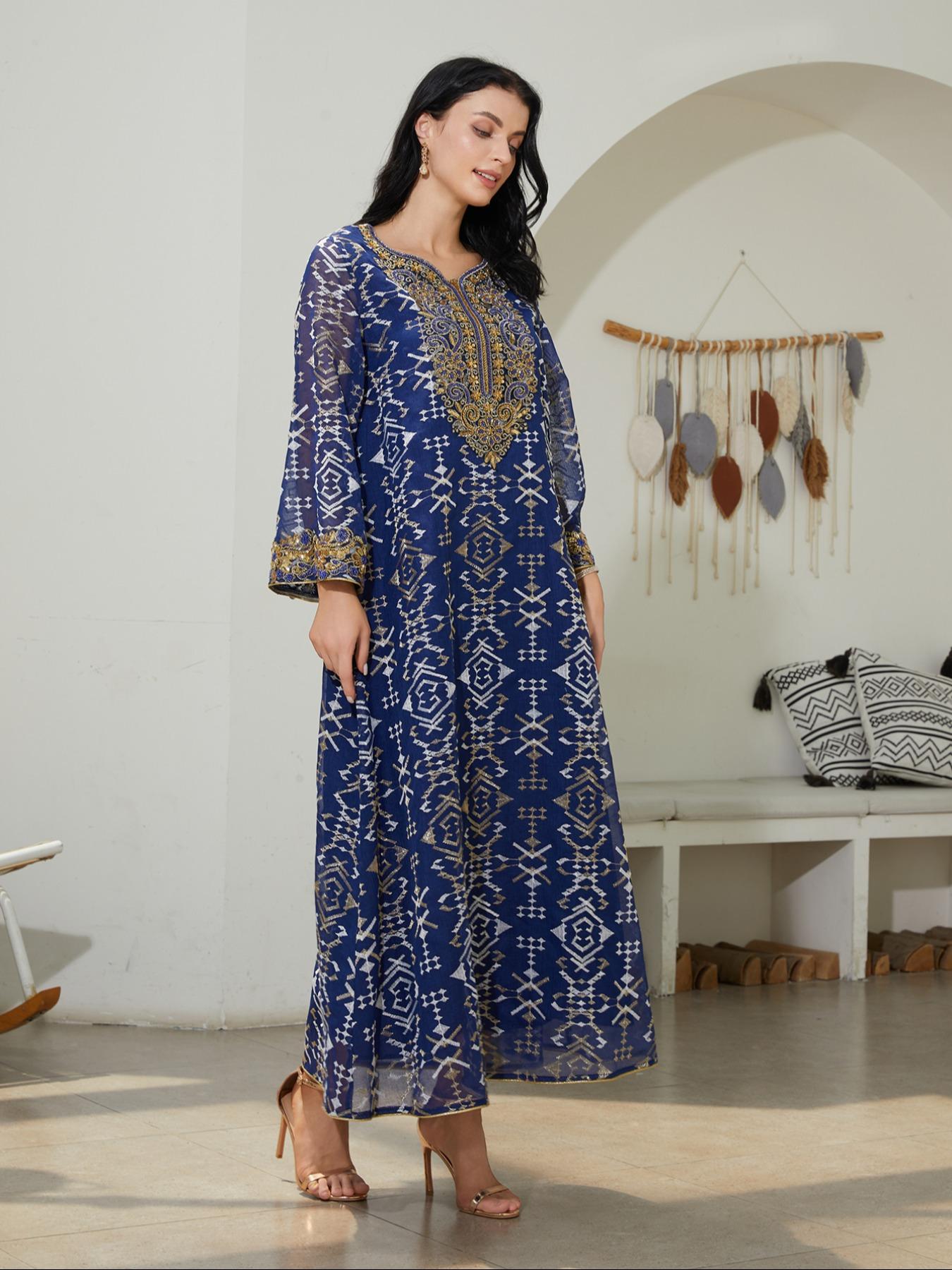 Traditional Style Embroidered Woven Kaftan Dress for Women, Long Sleeve Maxi Dress, Elegant Chic Middle Eastern Fashion, Perfect for Special Occasions, Casual Wear