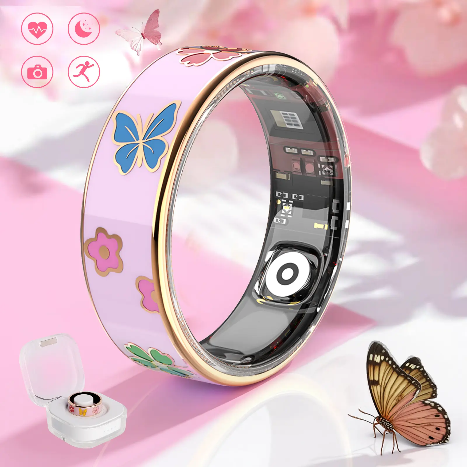 Smart ring Pink Dragonfly Lotus Style Activity tracking, calorie counting, stepcounting, distance tracking (km), 24/7 sleep tracking, heart rate monitoring, bodytemperature monitoring, blood oxygen monitoring, stress tracking, remote gesturecontrol,